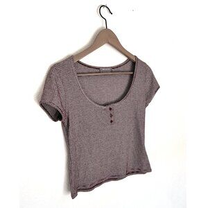 UO Burgundy Stripe Scoop Neck Henley Knit Shirt, Size Large